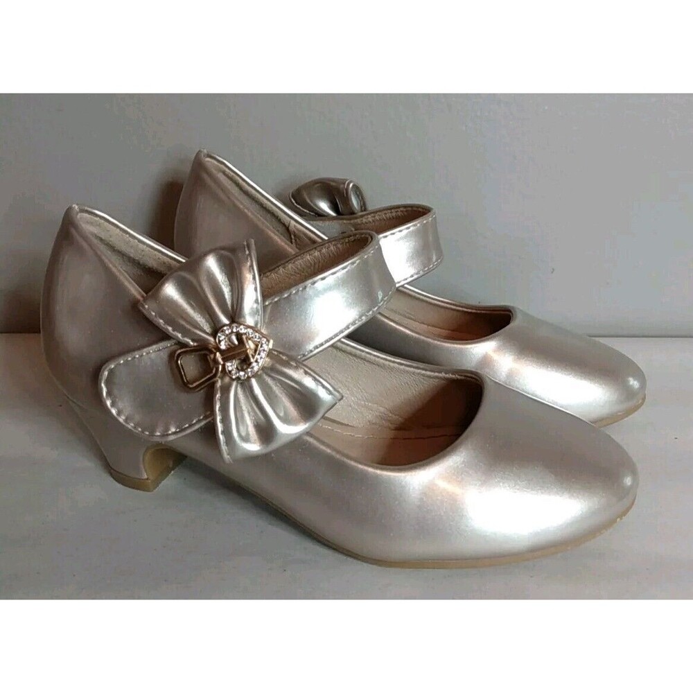 ADAMUMU Girls Low Heel Gold Embellish‎ Buckle Self Fastener Dress Shoes Size 11M